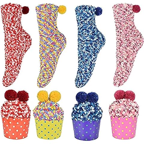 Pom Pom Cupcake Socks,Womens Cozy Fluffy Socks Fuzzy Plush Socks,Cupcakes Design Girls Socks, 4 Pairs Funny Cake Socks, Diy Gift Socks For Women Girl (B) Cover