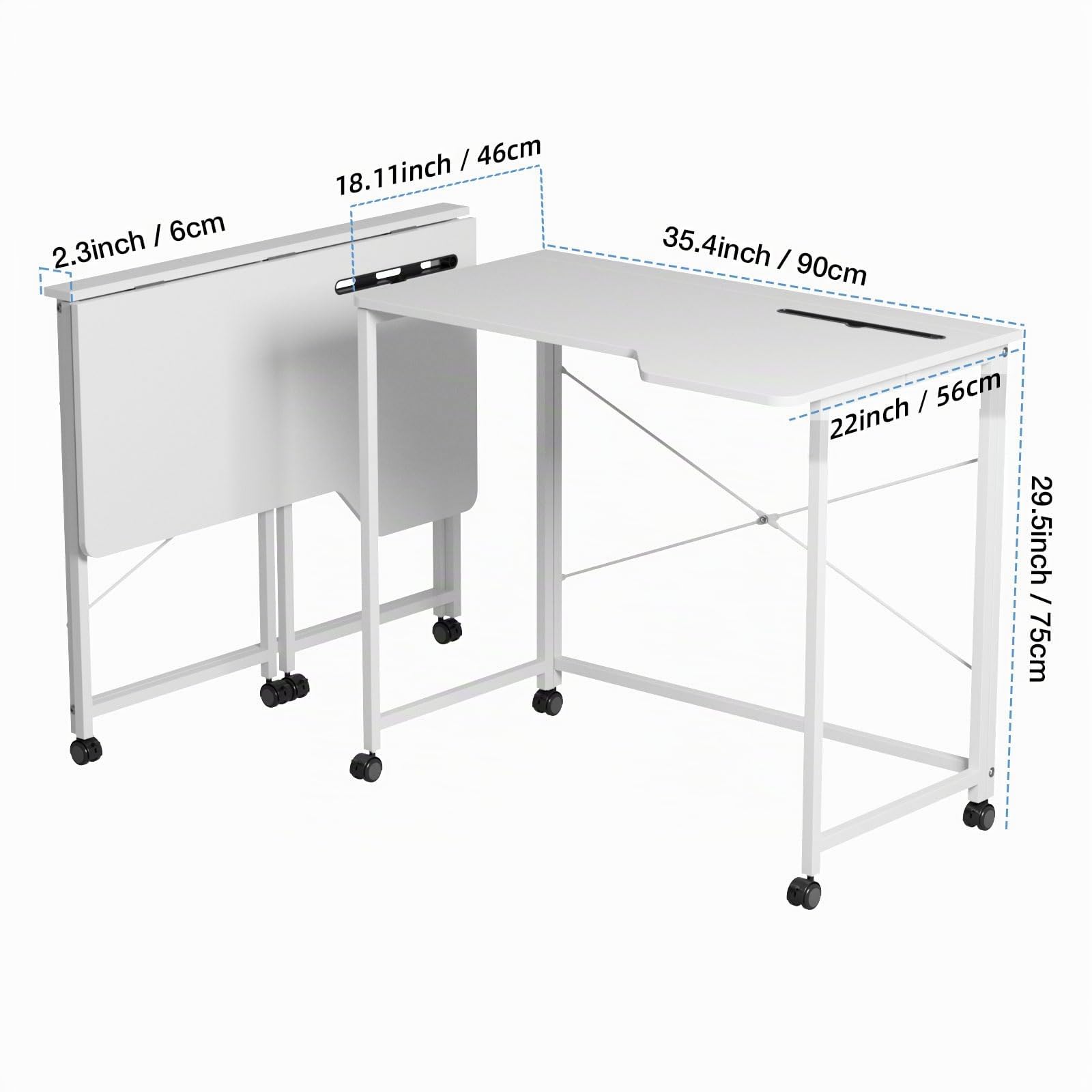 Mesa Escritorio Plegable con Ruedas, Mesa Ordenador Portatil, Mesa de Estudio para Casa Oficina, Mesas Plegables Cocina, Escritorio para computadora, Blanca, 90x56x75cm