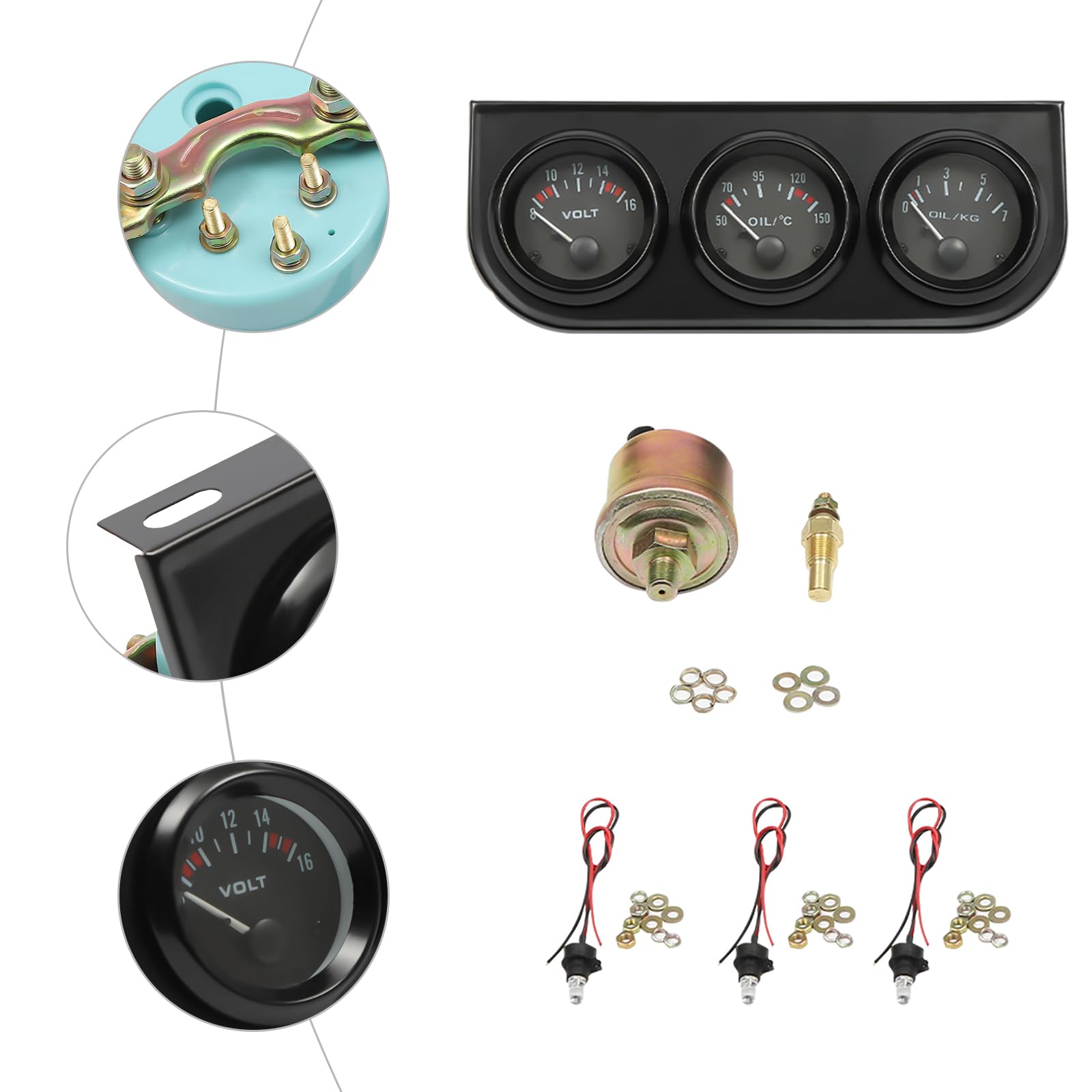 Wielofunkcyjne instrumenty dodatkowe 3 w 1 z diodami LED, zestaw Triple Gauge, 52 mm instrumenty samochodowe, miernik temperatury oleju + wskaźnik ciśnienia oleju/manometr oleju + woltomierz do