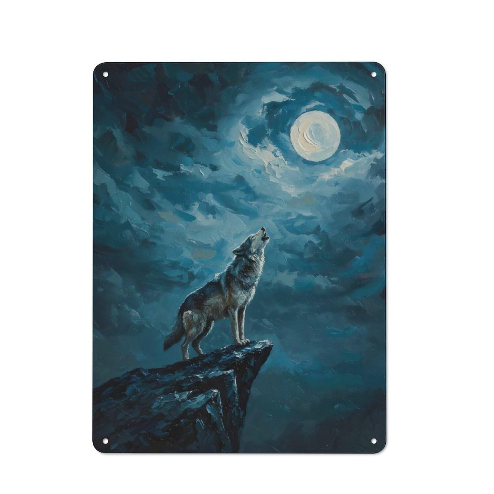 Wolf Howling at The Moon Metal Wall Plaque 40x30cm, Everyday Small Space Decor for Flat, Dorm Room, Lounge Or Cafe