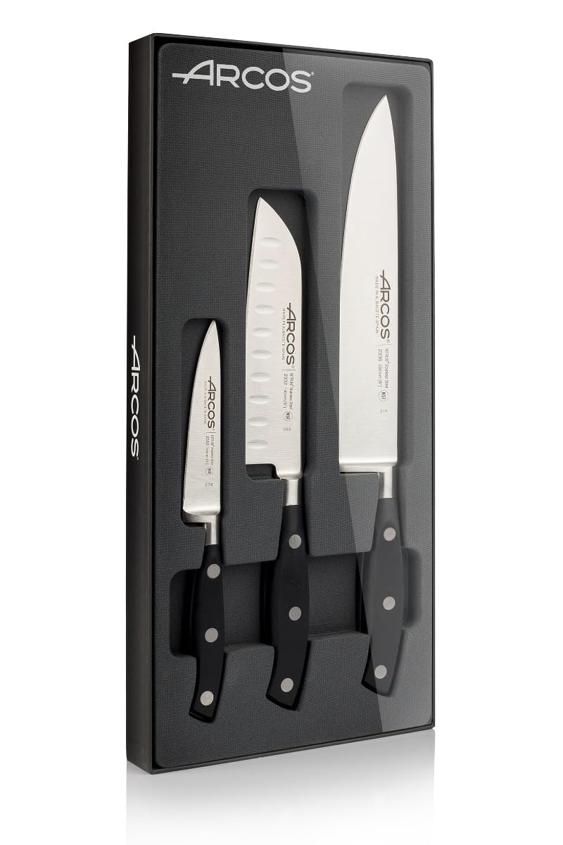 Arcos Riviera - Juego de Cuchillos de Cocina Profesional (Mondador 100 mm, Santoku 140 mm, Chef 200 mm) - Acero Inoxidable Forjado NITRUM, Mango Ergonómico Negro - 3 Piezas en Estuche