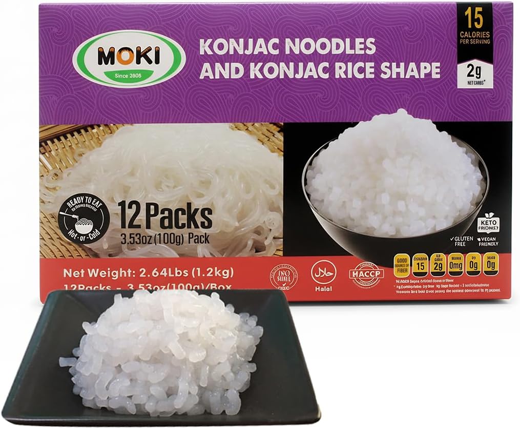 MOKI Shirataki Konjac Rice,Low Calorie Keto Rice, Gluten Free, Plant Based, Low Carbs ,Vegan, Fat Free, Keto and Paleo Friendly Rice - 12 Pack Drained weight 3.53 oz Each-Ideal for Alfredo, Carbonara & Stir-Fry