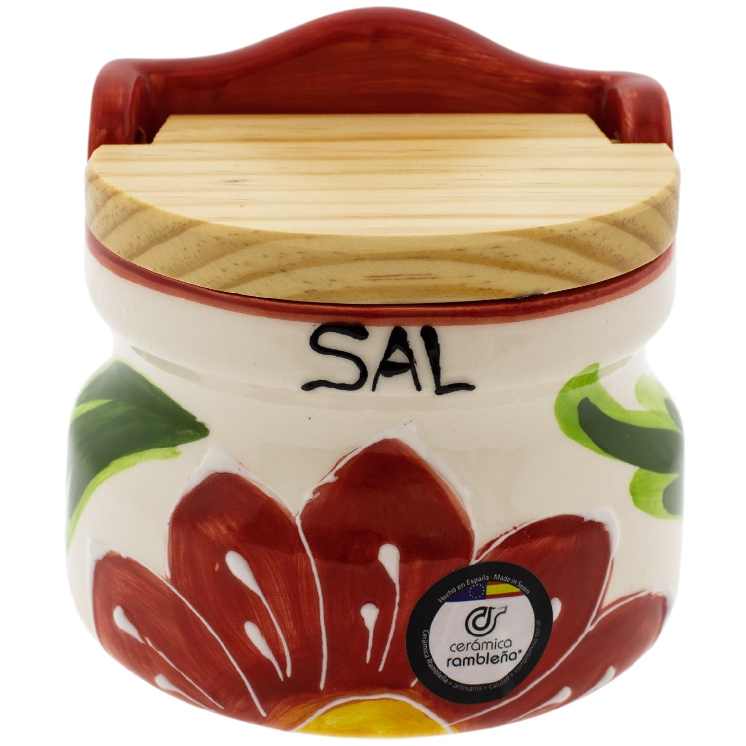 CERAMICA RAMBLENA | Saliera cucina | Saliera con coperchio in legno | Saliera ceramica | Saliera originale | Decorazione Arcobaleno Blu - Modello 12 | 100% Decorato a Mano | 14x10x12 cm