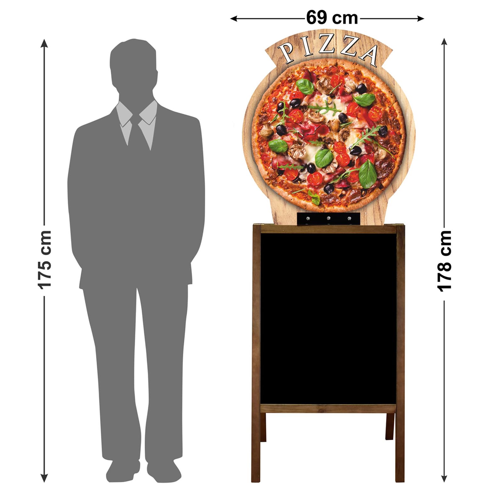 Cavalletto pubblicitario bifacciale 178 x 69 cm con lavagna HDF e struttura in legno per bar, gelateria, pizzeria e ristorazione (2. Tazza di caffè)