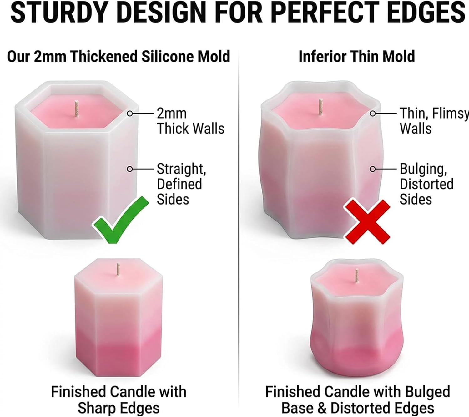EGZ 8 Piece Silicone Candle Molds, 2mm Thickened Reinforced Design, Tear-Resistant Molds for Pillar and Votive Shapes, Easy Release, Includes Cylinder, Hexagon, Heart, Moldes para Velas (8)