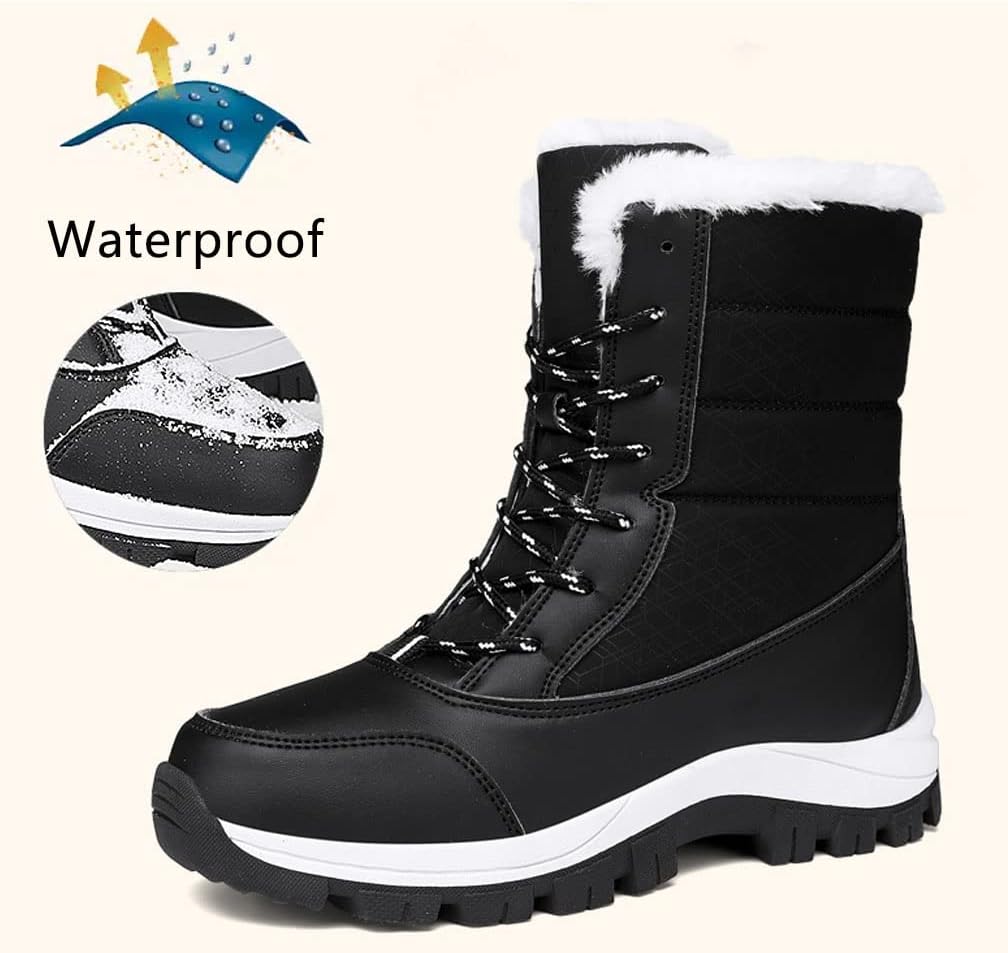 Kervaky Women's Waterproof Snow Boots Leather Ankle Boots Outdoor Anti-Slip Waterproof Winter Shoes Slip On Booties Sneakers