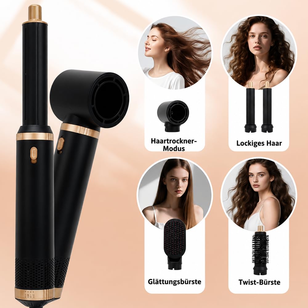 Airstyler 5 en 1 Set de estilizador de pelo, cepillo de aire caliente, estilizador multifuncional con 5 cabezales intercambiables, secador de pelo de iones para alisar, secar, volumen y rizos