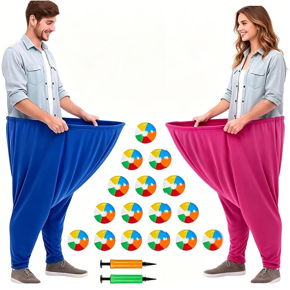 Jonuin 20 PCS Granny Pants Game, Oversized Granny Pants Outdoor Game Set with 2 Pants, 16 Bouncy Balls and 2 Air Pumps, Funny Outdoor Party Games for Family & Friends, Adult Yard Games (Pink+Blue)