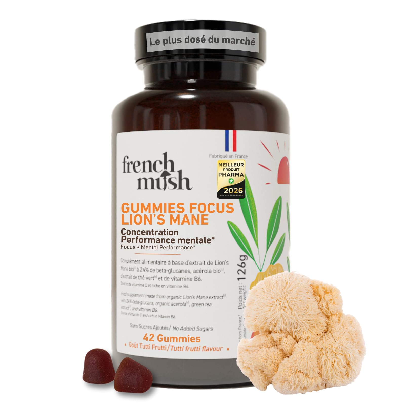 French Mush Lion’s Mane Gummies – Complément Mémoire et Concentration – Multivitamines avec Vitamine C, B6, Acérola et Thé Vert – Bien-Être, Relaxation – 42 Gummies Vegan Multifruits