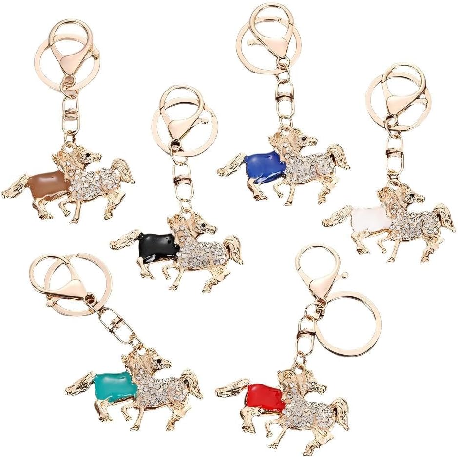 6-piece crystal Rhine stone horse keychain, colorful enamel, gold metal, bag charm pendant accessories, car key ring pendant, unisex pendant, implying success