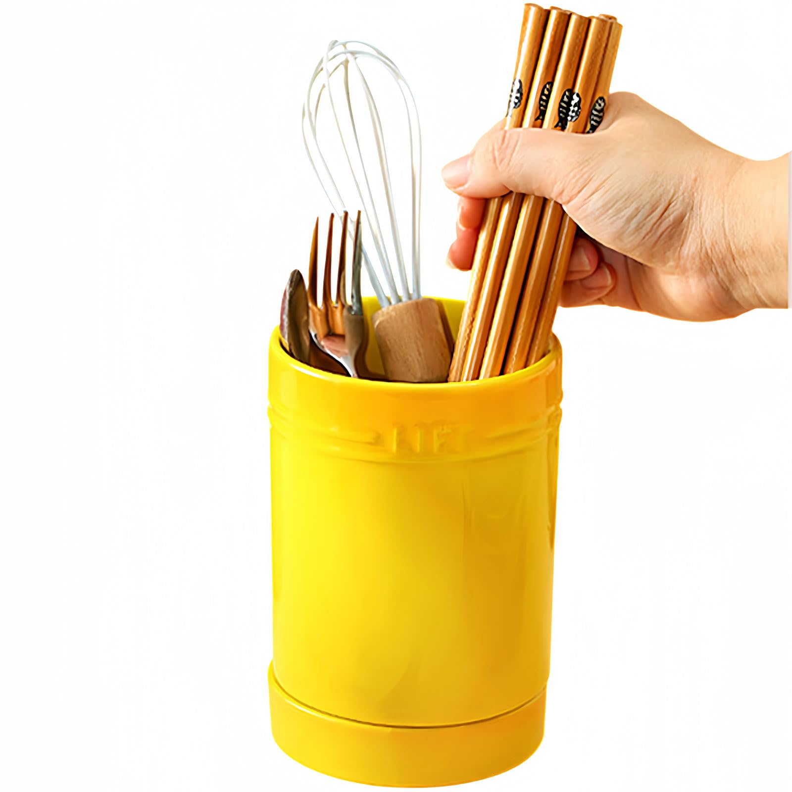 Dowbom Kitchen Utensil Crock, Ceramic, Yellow, 4" Countertop Holder, 14-15 Piece Capacity