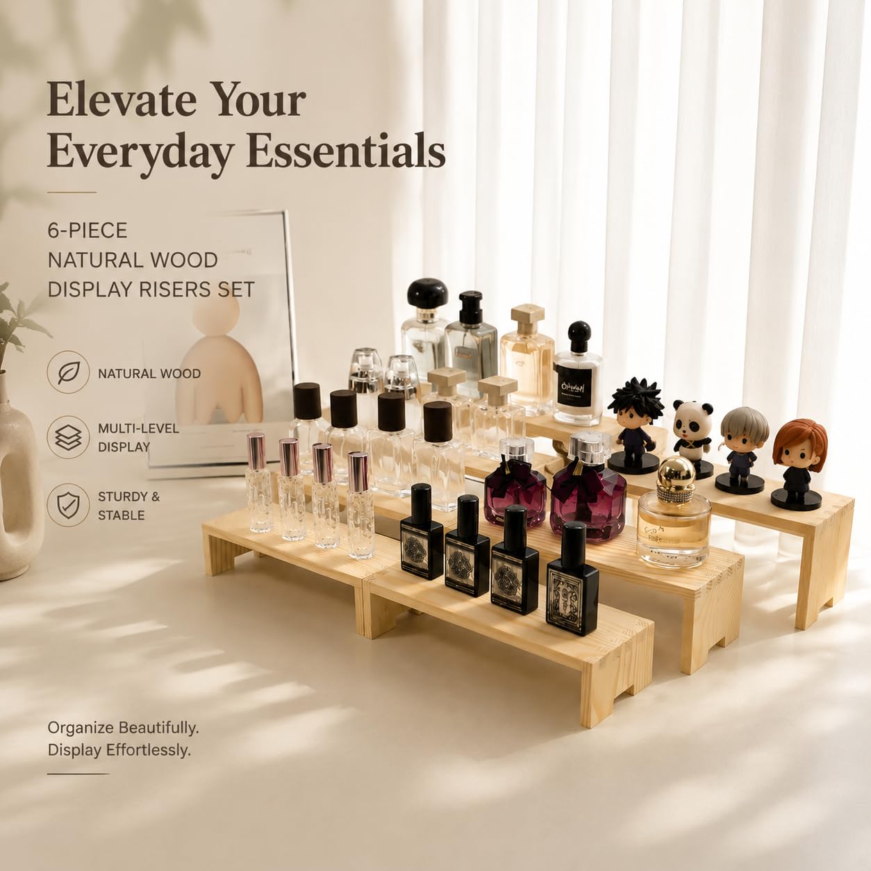 Yikaroeli Display Risers-3 Tier Wood Risers Decorative Rectangular, 6-piece Set Display Stands Arranging and Showcasing your favorite items(Nature) 3