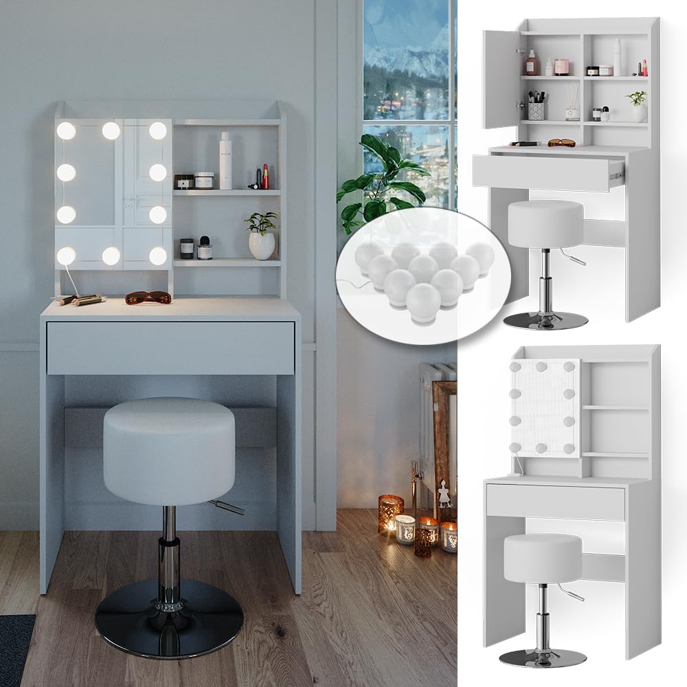 Vicco Coiffeuse Laura, Blanc, 70cm avec Tabouret, Éclairage