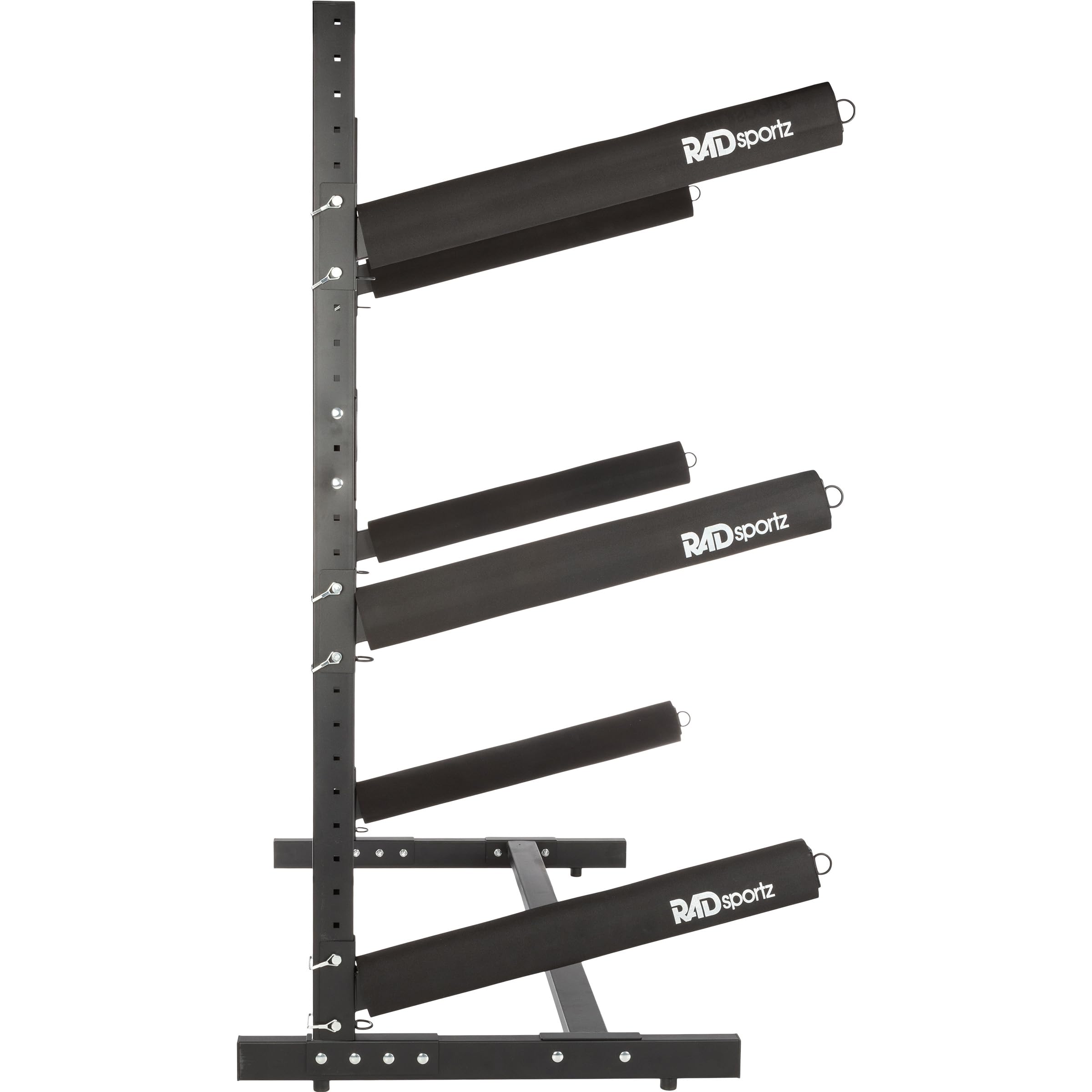 Rad Sportz Kayak Storage Rack - 3-Level Freestanding Adjustable Stand with Padded Arms and 300lb Capacity for Canoes, SUP, or Paddleboards (Black)