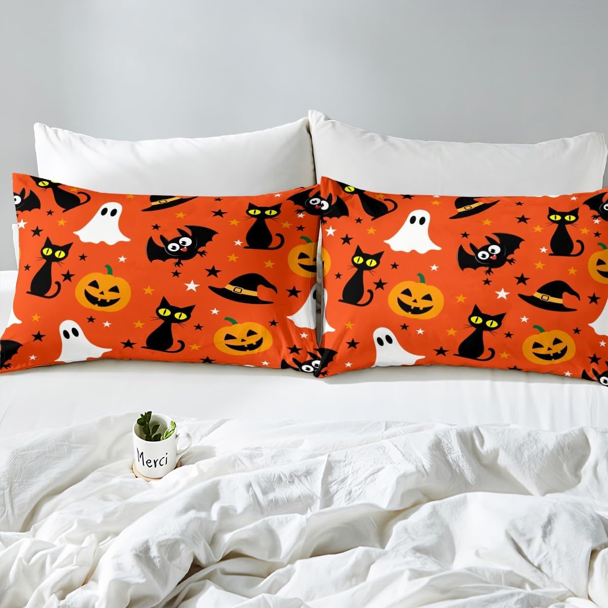 Feelyou Halloween Bedding Set Ghost Pumpkin Lantern Black Cats Duvet Cover for Adults Bedroom Halloween Decor Comforter Cover Set Stars Witch Hat Bats Bedspread Cover Twin Size with 1 Pillow Case
