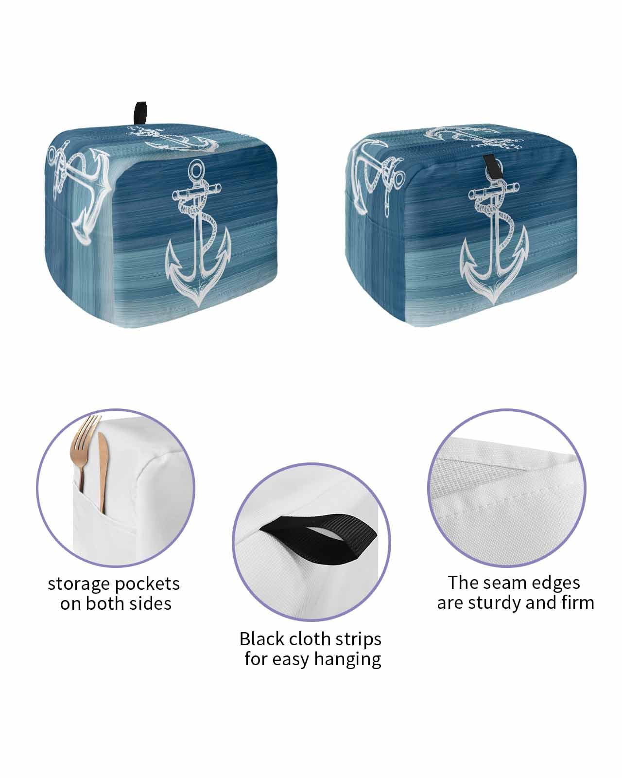 Nautical White Anchor Toaster Cover 4 Slice, Blue Gradient Ocean Abstract Dustproof Bread Machine Oven Cover with Storage Pockets, Fits Most Kitchen Toasters Protector