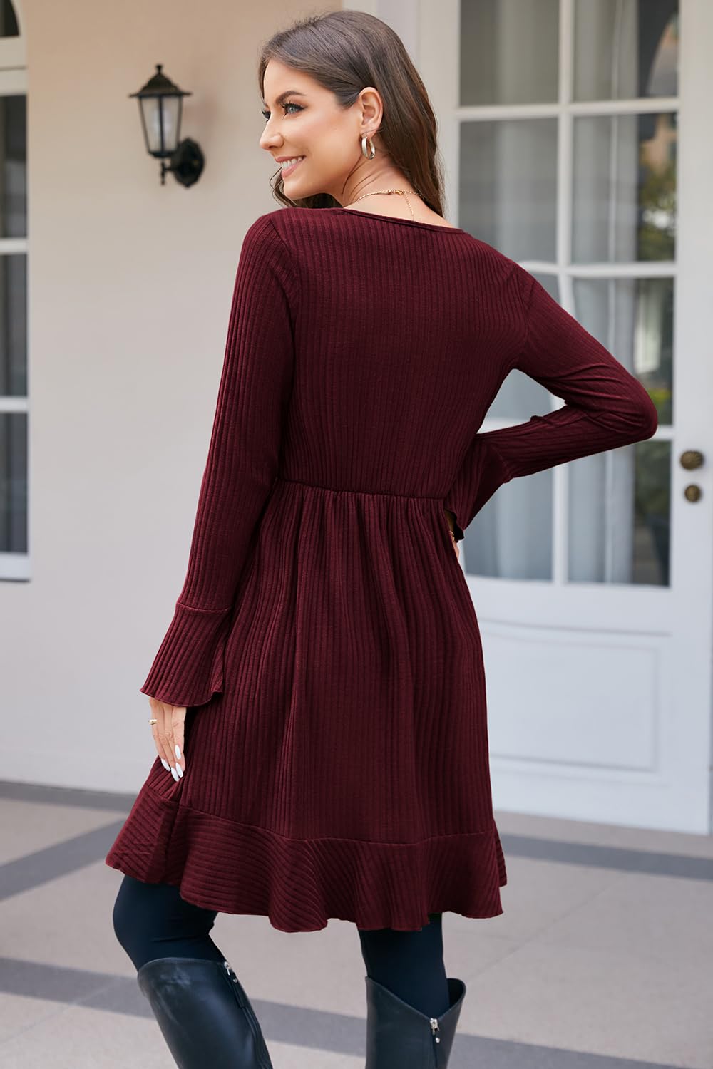 ULTRANICE Robe en Maille pour Femme Col en V avec Boutons Décoratifs pour L'automne et l'hiver
