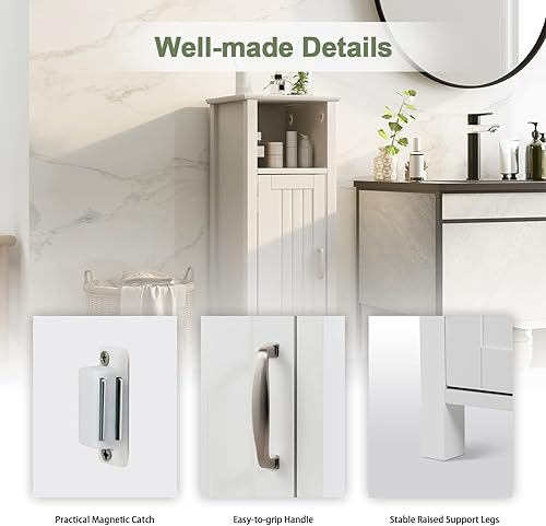 Miniatura 7 de Tangkula Gabinete de piso de baño, gabinete de almacenamiento multifuncional, dispositivo antivuelco, estante ajustable de 3 alturas, gabinete