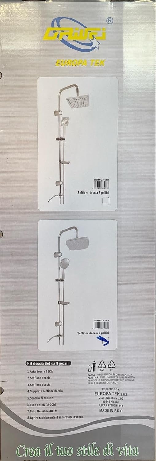 Kit Doccia Completo con Soffione Quadrato da 9 Pollici, Colonna Doccia con Asta Regolabile 95cm, Doccetta a Mano, Tubo Flessibile 150cm e Porta Sapone Integrato, Set Accessori Bagno