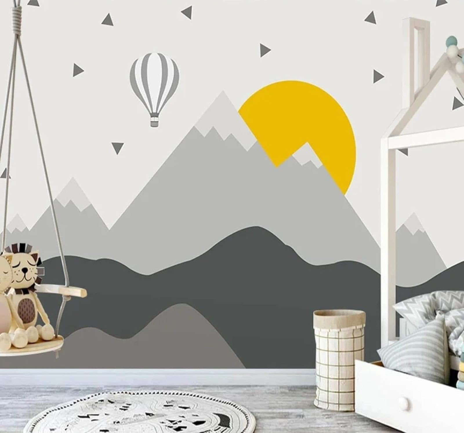 Tzxztt Cartoon Geometric Mountain Peaks Hot Air Balloon Sunrise Modern 3D Wallpaper Premium Textured Silk Neutral Tones Material Ideal for Living Room Bedroom-200cm×140cm