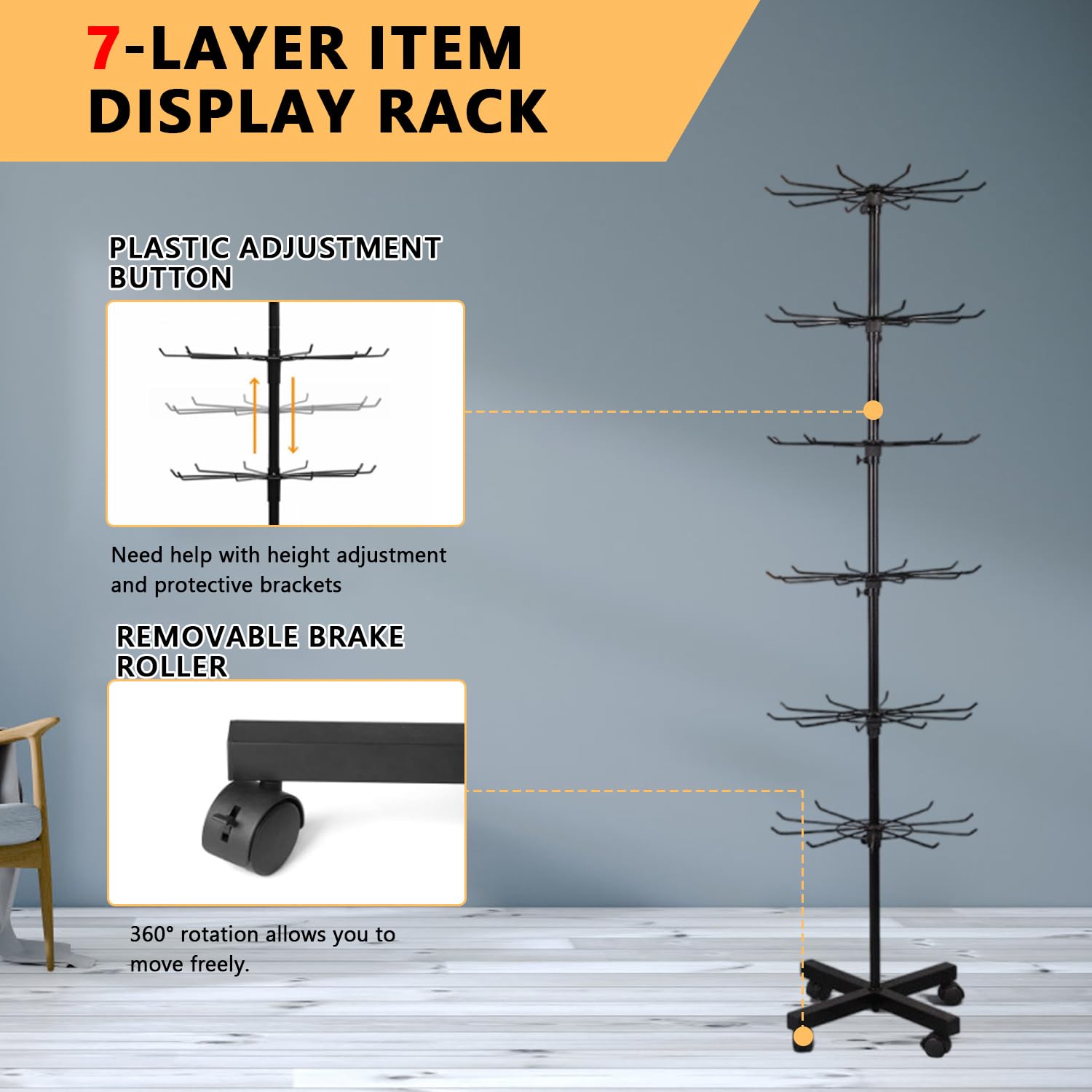Expositor giratorio de 7 niveles, soporte de metal multifuncional con ganchos, soporte de gancho ajustable para colgar en sombreros, calcetines, cuerdas para el pelo, joyas, bolsos