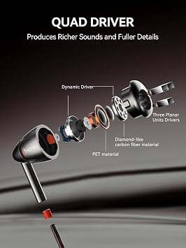 1MORE Quad Driver in-Ear Earphones Hi-Res High Fidelity Headphones Warm Bass, Spacious Reproduction, High Resolution, Mic in-Line Remote Smartphones/PC/Tablet - Silver/Gray