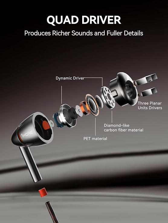 1MORE Quad Driver in-Ear Earphones Hi-Res High Fidelity Headphones Warm Bass, Spacious Reproduction, High Resolution, Mic in-Line Remote Smartphones/PC/Tablet - Silver/Gray