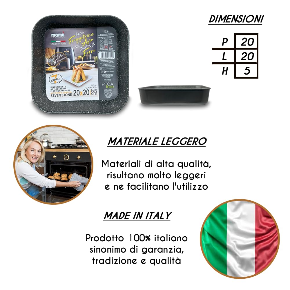 ARCA, Set 2 Teglie Quadrate 20x20x5 cm per Friggitrice ad Aria e Forno, Antiaderenti e Adatte alla Lavastoviglie, in Alluminio, Made in Italy