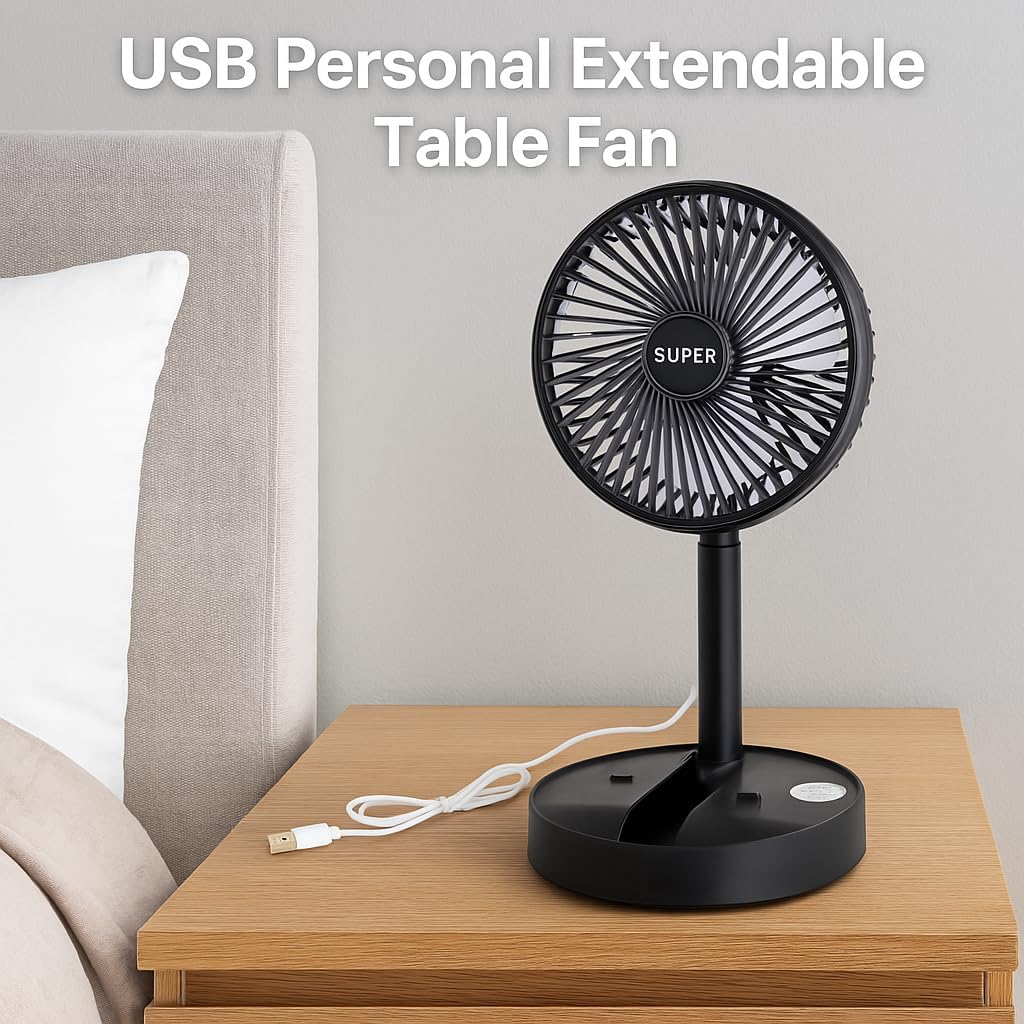 Dependable Industries inc. Essentials Telescopic Folding USB Desk Fan – Adjustable Height 11.5" to 14", Quiet Motor, Compact Table Fan with Phone Stand, USB-Powered for Home, Office, Travel (Black)
