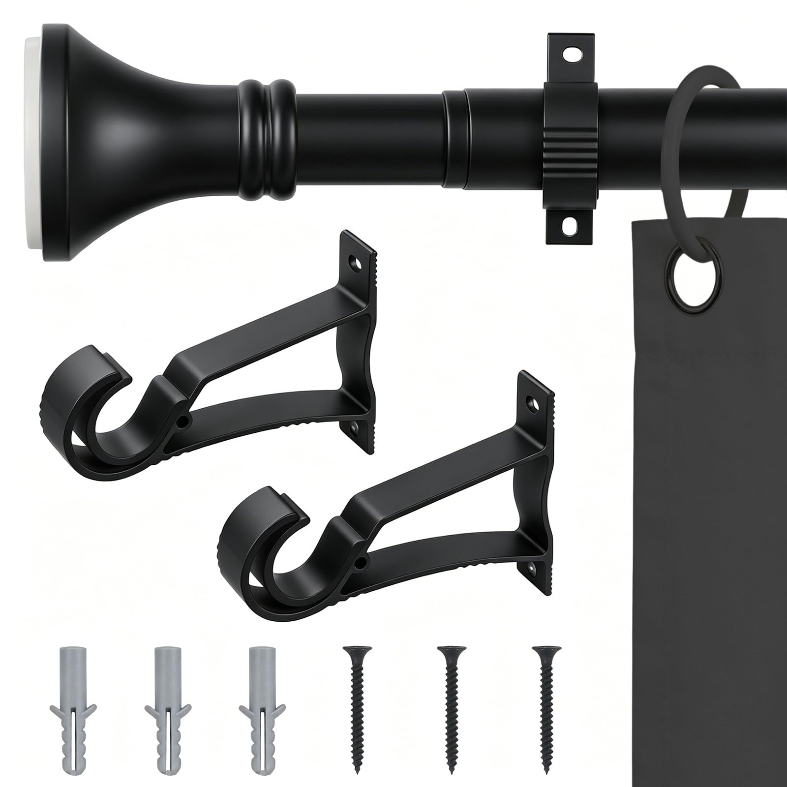 Tringle à rideau à pince, sans perçage, 400 à 500 cm, tringle télescopique en acier inoxydable, pour rideaux (noir)