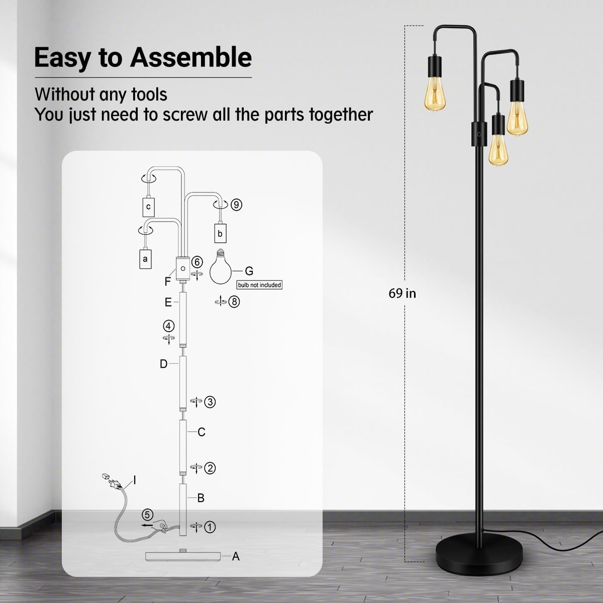 Black Industrial 3-Light Adjustable Floor Lamp with E26 Sockets