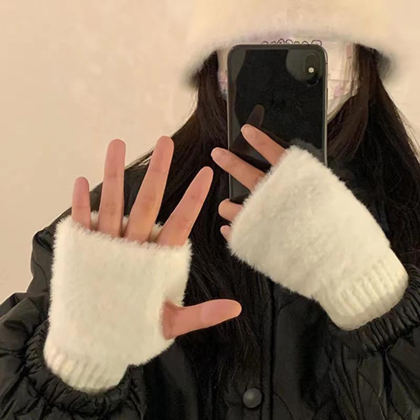 TRADERPLUS Gants sans doigts en fourrure pour femmes, hiver, chauds, avec trou pour le pouce, moufles pour poignets