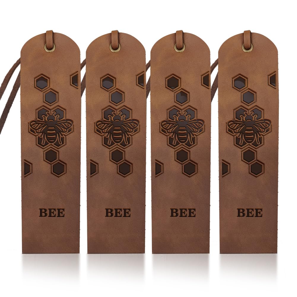 MAYJOYDIY 4pcs Leather Bookmark 5×18cm Honeycomb Bookmark Gift Vintage Honey Bee Animal Bookmarks BEE Text Leather Page Markers for Book Lovers Men Women — image 1