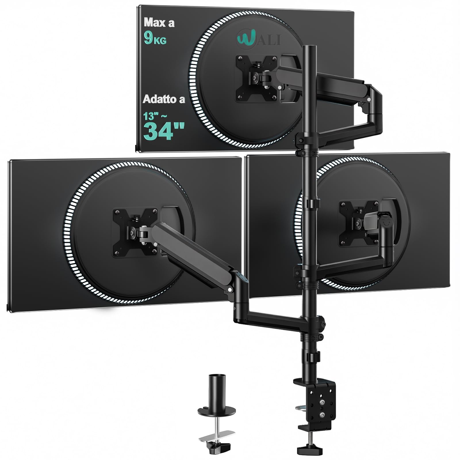 WALI Supporto triplo per monitor da 17-32 pollici, completamente regolabile per 3 monitor con morsetto e base con passacavo, braccio per monitor con molla a gas, fino a 9 kg ciascuno, VESA 75 x 75 100