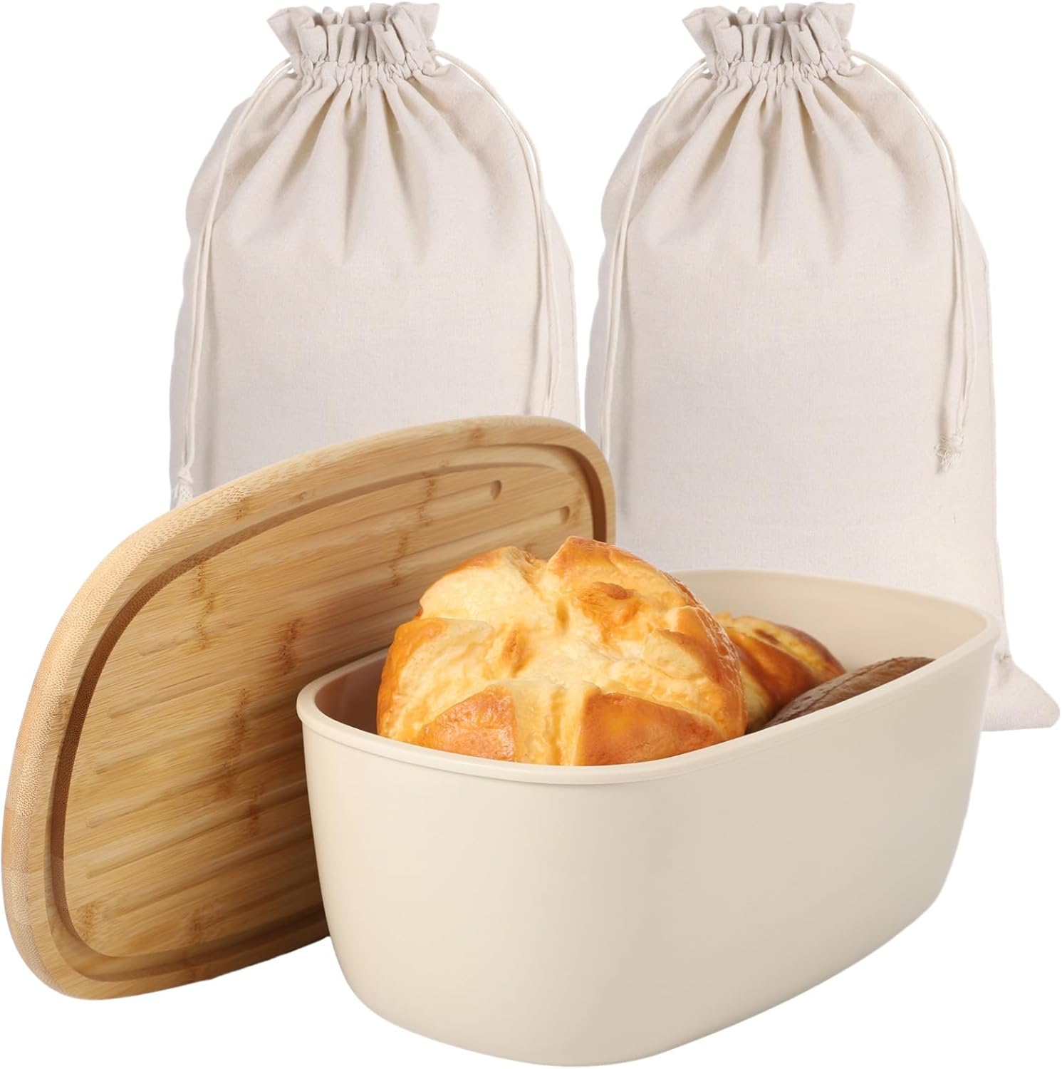 Homaisson Sourdough Bread Box with Bags - Large Bread Box for Kitchen Countertop, Plastic Storage Bin with Wooden Cutting Board Lid, Present for Bread Lovers