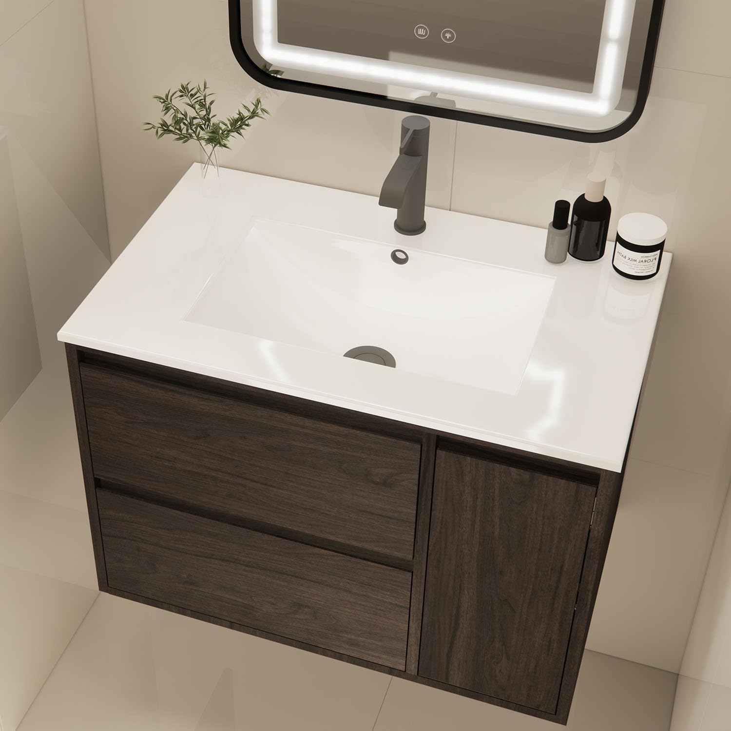 30" Bathroom Vanity with Sink, Floating Bathroom Vanity with Large Storage, Modern Bathroom Cabinet with Ceramic Sink, 2 Soft-Close Drawers and 1 Door