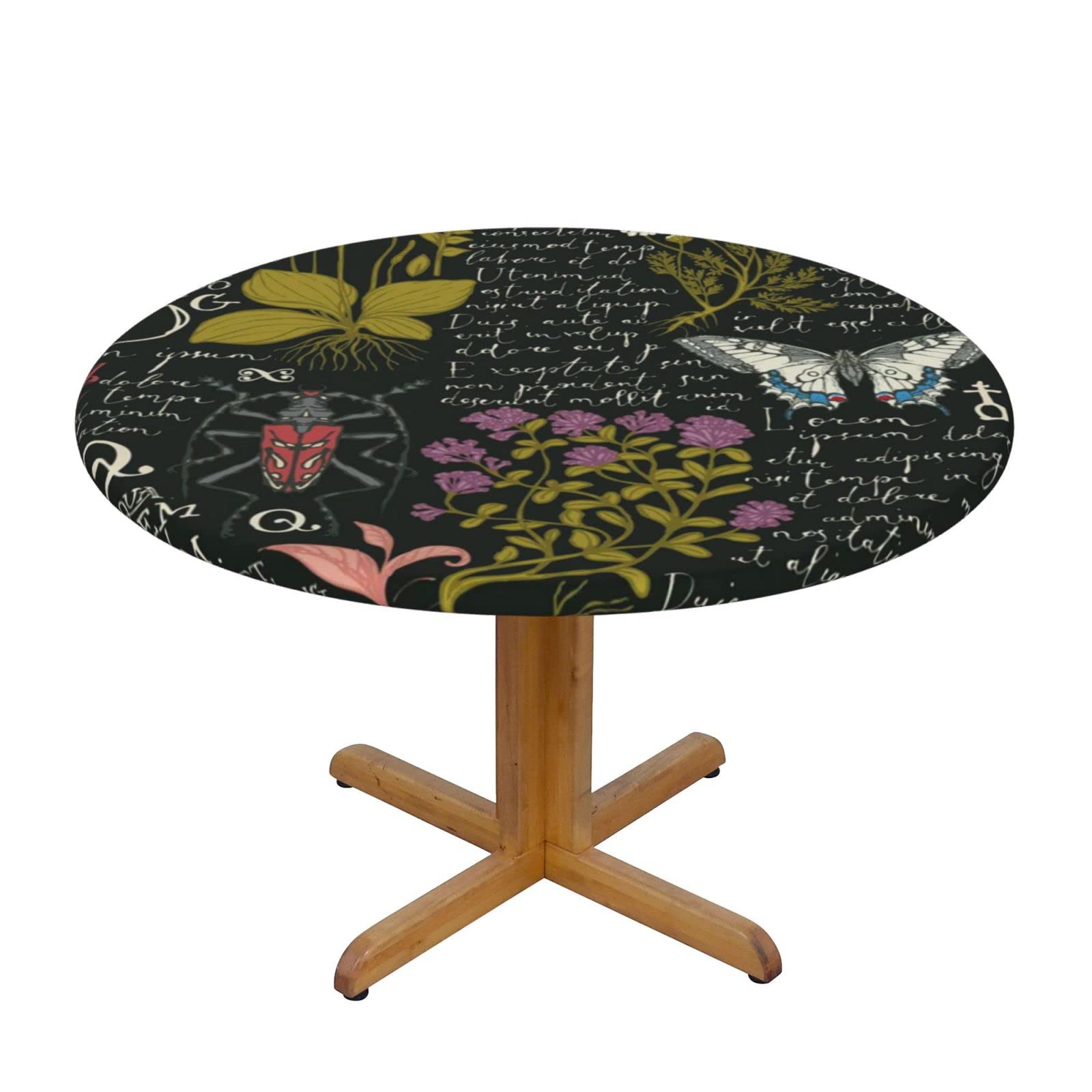 Lsjuee Round Fitted Tablecloth 40-44in Elastic Edged Table Cloth for Kitchen Dining Party Home Decor - Herbs Insects Theme Black