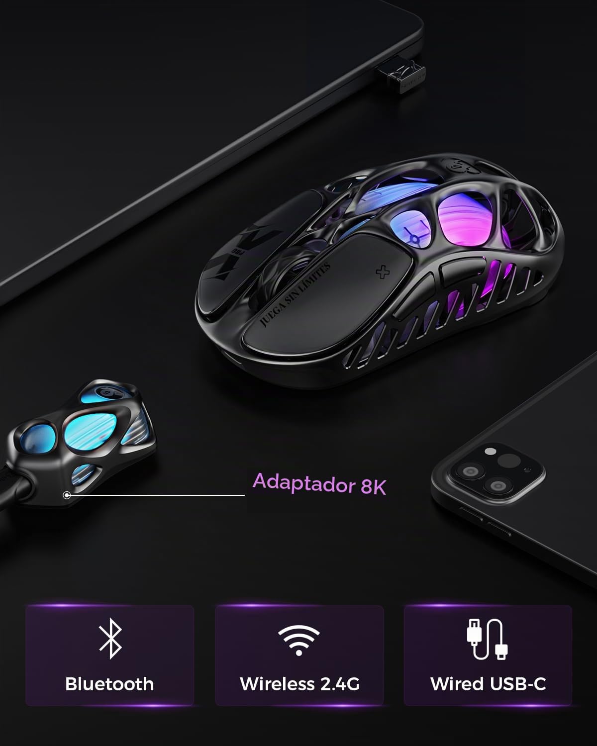 GravaStar Mercury X Pro - Ratón inalámbrico para Juegos, Viene con dongle 8K, Sensor Paw 3950 de 32.000 dpi, tasa de sondeo de 8.000 Hz, Solo 49 g, (Admite 8k, Gris)