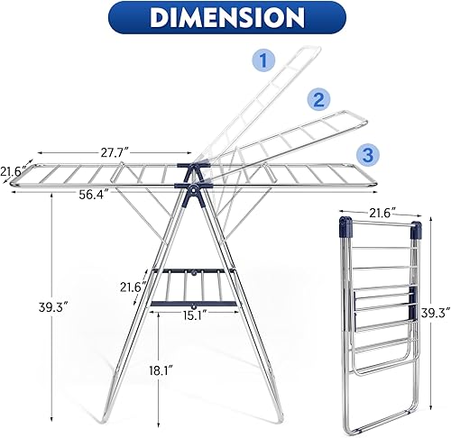 Miniatura 2 de APEXCHASER Tendedero de secado de ropa de acero inoxidable con altura ajustable, plegable, para uso en interiores y exteriores, sin montaje