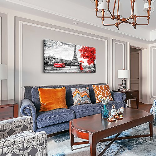 Wall Art For Living Room Decorations Photo Prints Panorama Of Black And White Buildings And Beautiful Eiffel Tower Red Couples Modern Home Decor The Room Stretched And Framed Artwork 24"X48" #TOP4