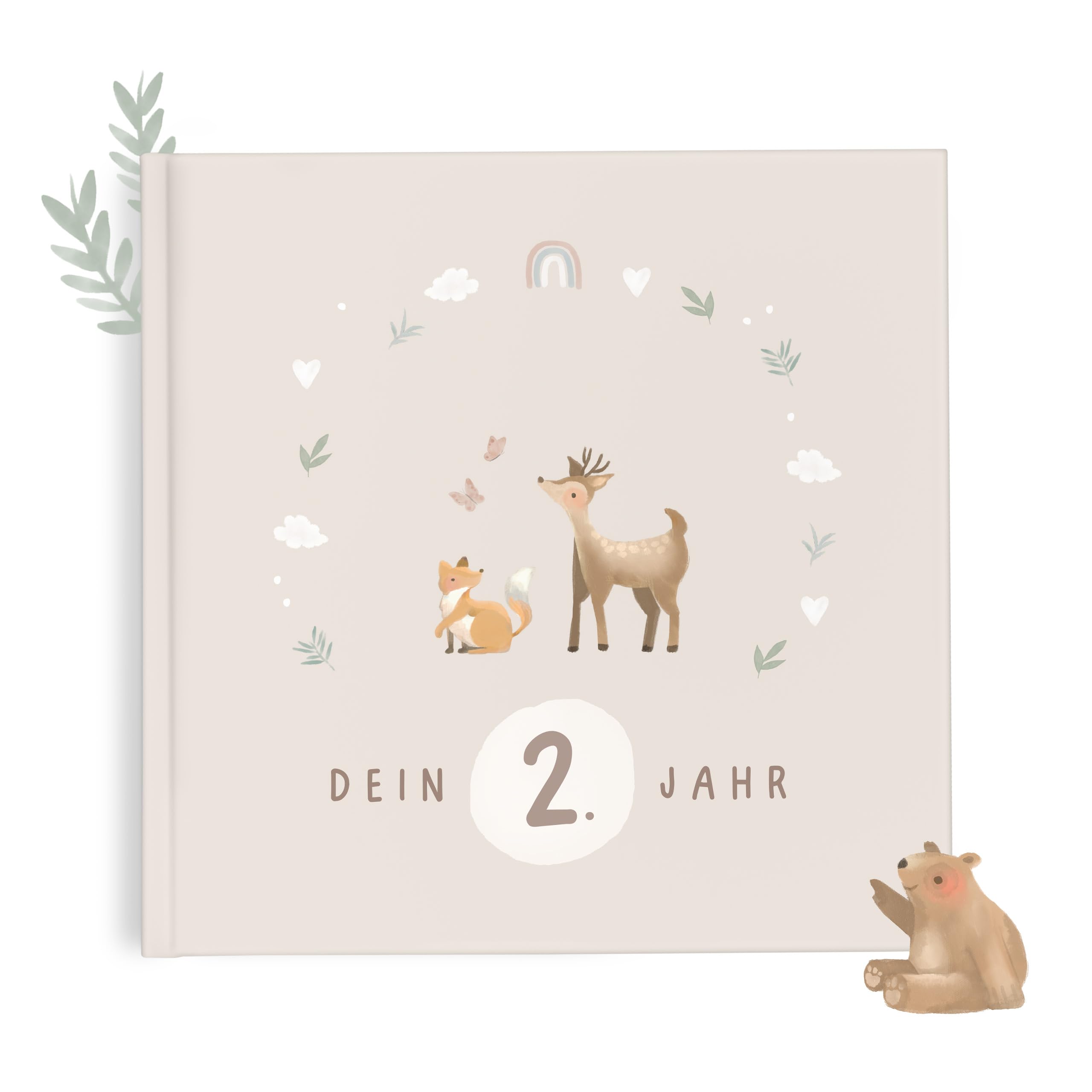 mintkind® Babyalbum zweites Lebensjahr Hardcover Babytagebuch zum Eintragen Erinnerungsbuch und Fotoalbum Baby Geschenkidee für Jungen und Mädchen liebevoll gestaltetes Babybuch Beige