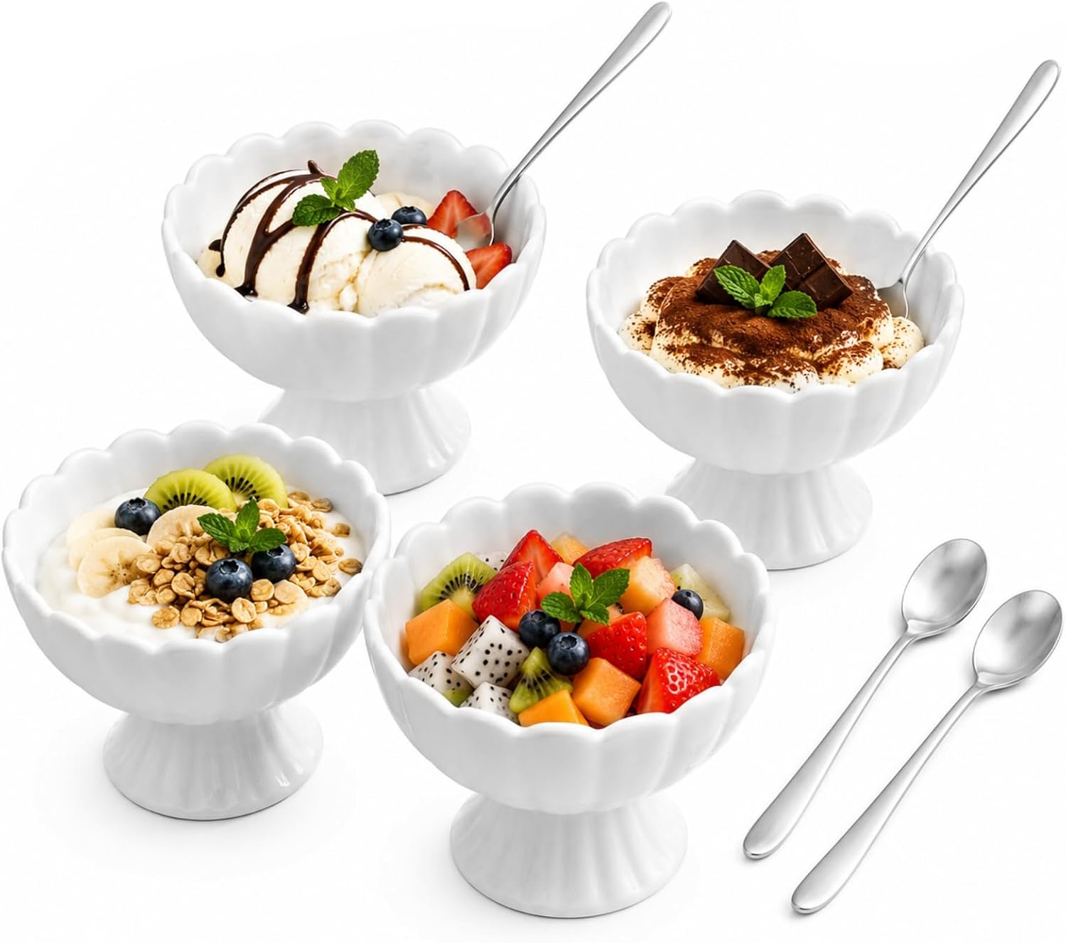 4 Pack White Ceramic Dessert Bowls Set with Stainless Steel Spoons, 7.05 Oz Capacity Footed Trifle Bowl with Pedestal, Petal Edge Ice Cream Pudding Serving Bowl Set for Fruit, Salad, Tiramisu