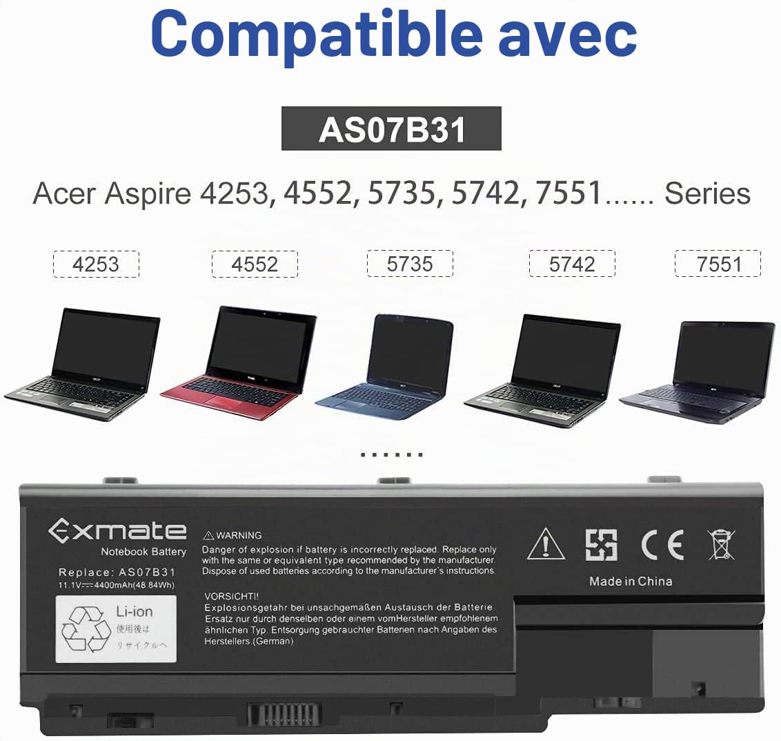 Exmate Batterie AS07B31/AS07B32/AS07B41/AS07B42/AS07B51/AS07B52/AS07B61/AS07B71/AS07B72 pour Acer Aspire/eMachines/Packard Bell Laptop [6 Cellule 11.1V 4400mAh]