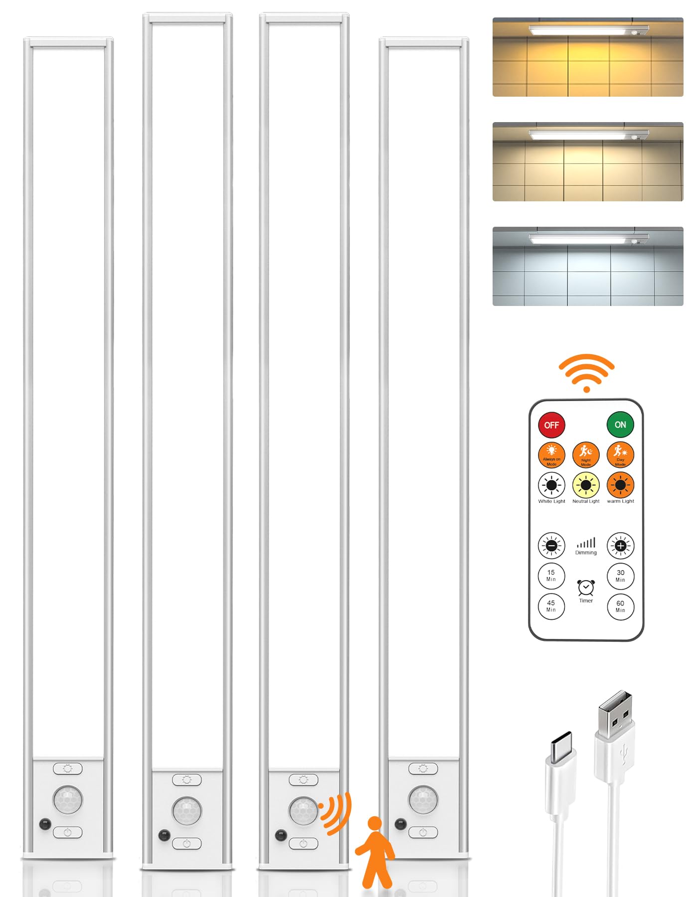 Under Cabinet Lights, 80 LED Motion Sensor Light Indoor,4000mAh USB Rechargeable Closet Light with Remote Control,3 Color Temps Wireless Under Counter Lights for Bedroom,Kitchen,Stairs,4 Pack