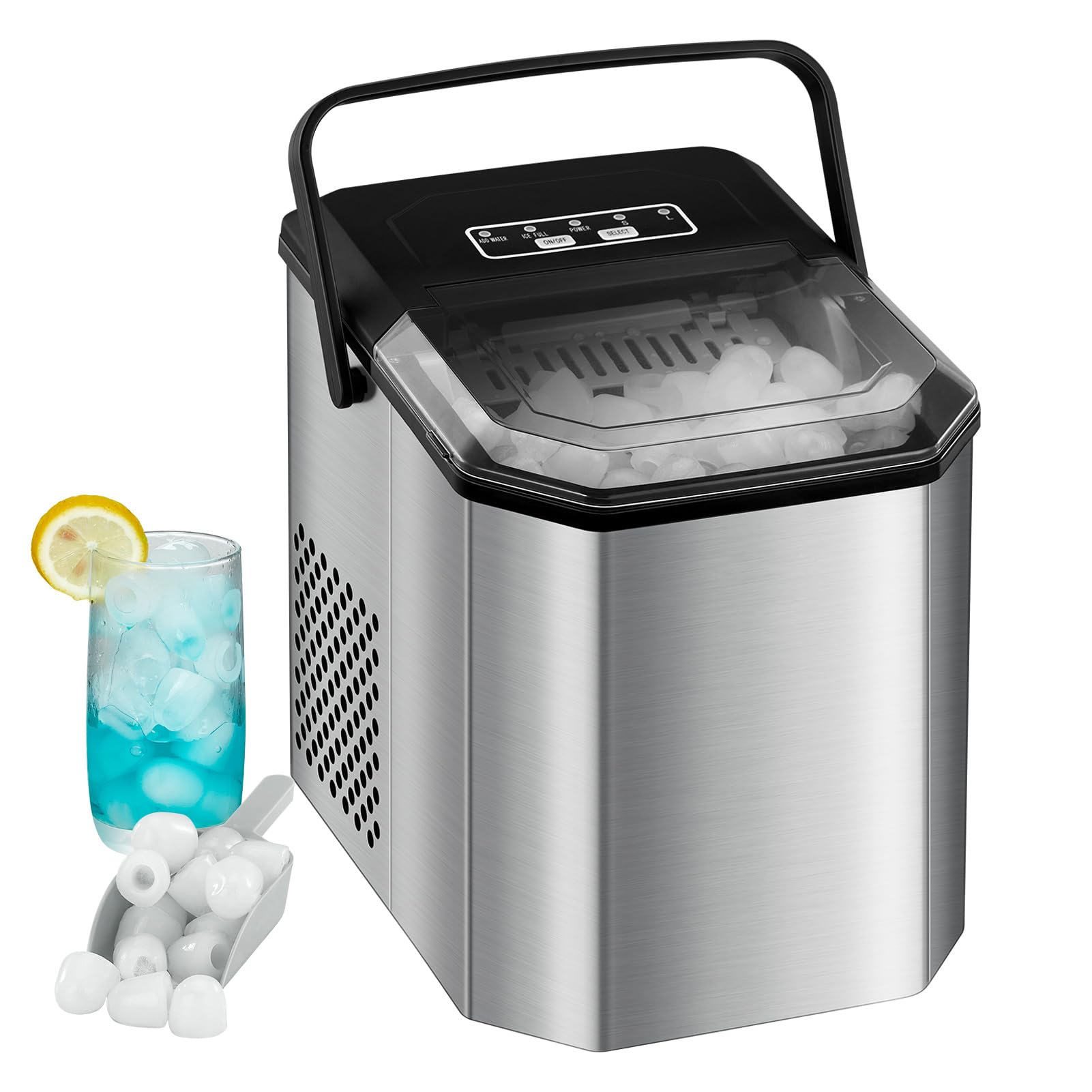 Kompakte Eiswürfelmaschine 120W – 9 Eiswürfel in 6 Min, 26 lbs/24h, Selbstreinigung, für Party, Büro, Bar, Wohnmobil, Eisschaufel & Korb, leise