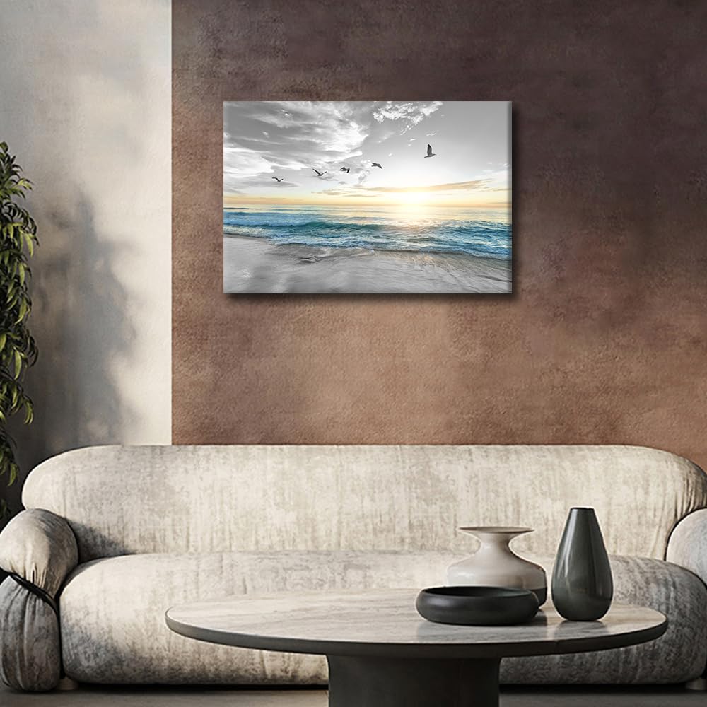 TISHIRON Black and White Canvas Prints Wall Art Beach Sunset Ocean Waves Seagulls Nature Pictures Stretched Canvas Wooden Framed for living Room Bedroom and Office 16x24inch - Image 3
