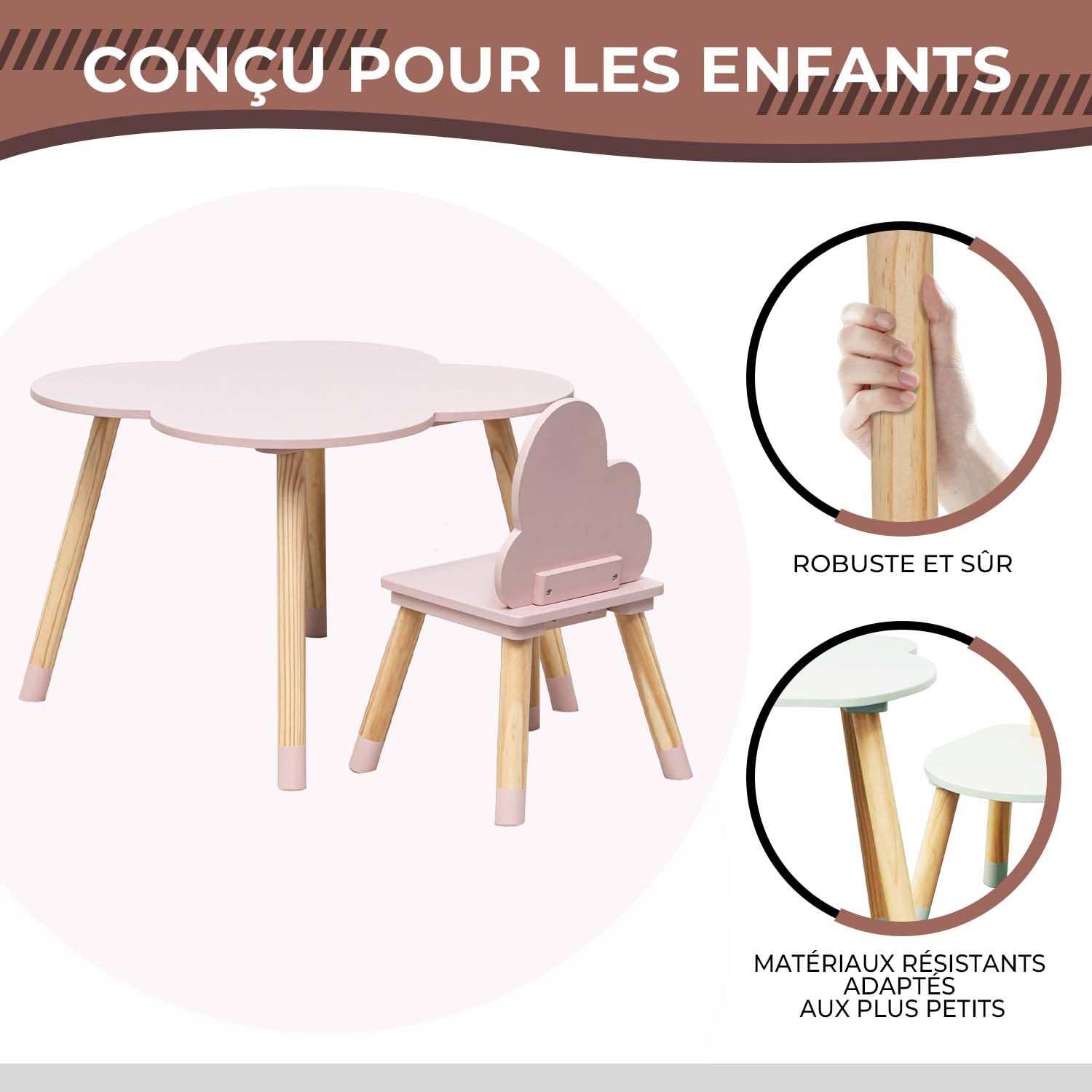 Rebecca Mobili Ensemble Table et 2 Chaises pour Enfants, pour la Décoration de la Chambre des Enfants, Rose Marron, MDF Pin - Dimensions : 44 x 60 x 60 cm / 50 x 25 x 25 cm - Art. RE6899