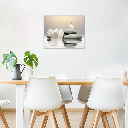 Miniatura 3 de EOBTAIN Lienzo de flores blancas zen para pared, diseño floral y mariposa sobre piedra, cuadro moderno enmarcado para yoga, spa, pintura espiritual,