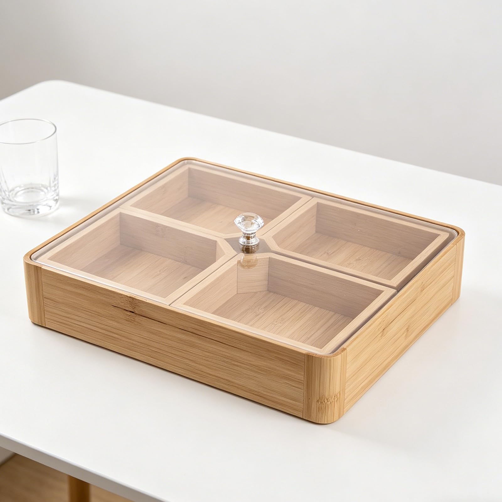 Plateau Compartimenté en Bambou avec Couvercle en Acrylique Transparent, 4 Compartiments Amovibles pour Conserver Fraîcheur des Noix et Chips, Cuisine et Décoration Réutilisable