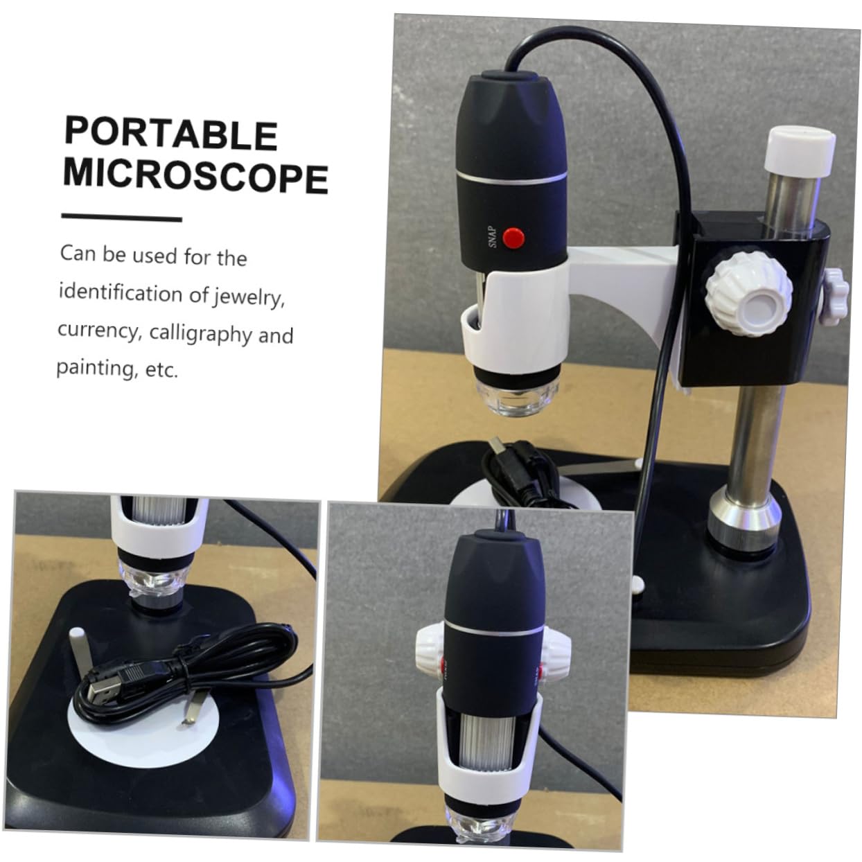 Microscopio Digital Portátil 1600x Negro de Abs USB | Luz LED Ajustable, para Joyería y Monedas, Formato Compacto de Bolsillo